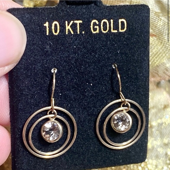 10k Yellow Gold 2 Carat Morganite Orbiting Dangle Saturn Rotating Drop Earrings - Picture 7 of 15